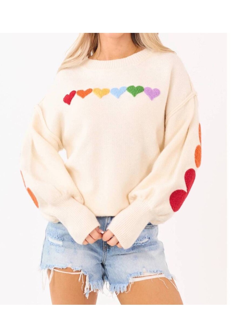 Mello Los Angeles Sweater Cream True Colors Heart Patch Crewneck Sweater Large
